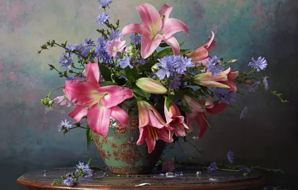 Picture background, Lily, bouquet, vase, chicory, Andrey Morozov