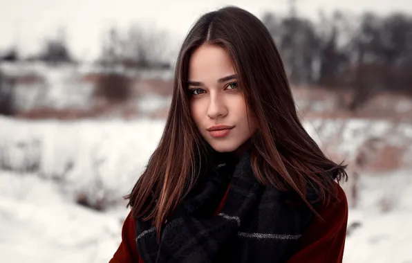 Picture winter, look, snow, trees, nature, background, model, portrait, makeup, scarf, hairstyle, brown hair, coat, bokeh, …