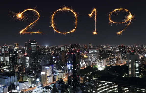 Picture night, city, lights, salute, colorful, New Year, happy, night, New Year, fireworks, 2019