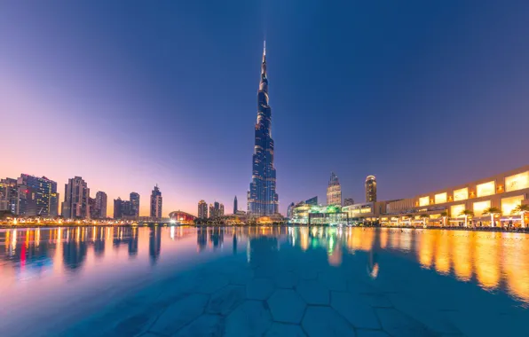 Picture water, reflection, building, Dubai, night city, Dubai, skyscraper, UAE, Burj Khalifa, Burj Khalifa, UAE