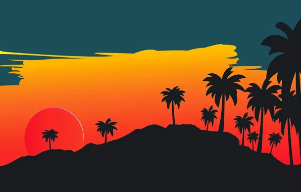 Picture The sun, Minimalism, Star, Style, Palm trees, Background, Style, Illustration, 80's, Synth, Retrowave, Synthwave, New …