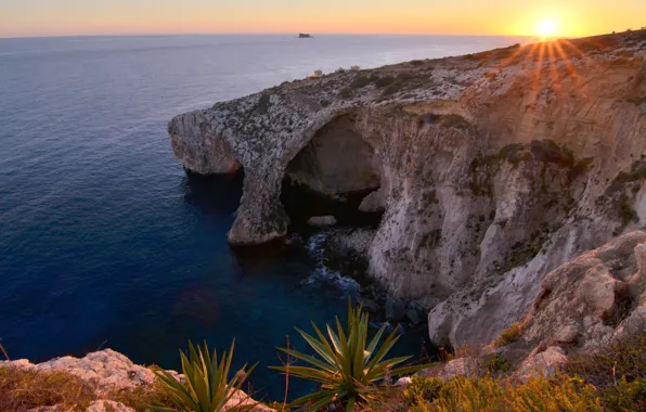 Picture sea, the sun, rays, landscape, sunset, nature, rocks, shore, the grotto, Malta
