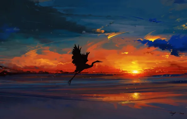 Picture sky, sea, landscape, nature, bird, sunset, water, art, clouds, evening, sun, artist, digital art, artwork, …