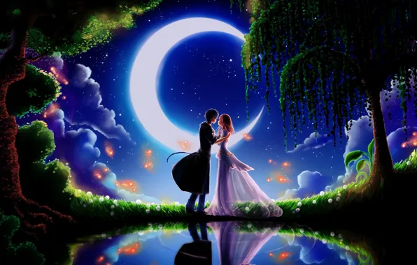Picture the sky, dream, girl, stars, trees, night, green grass, meeting, a month, Prince, guy, lovers, …
