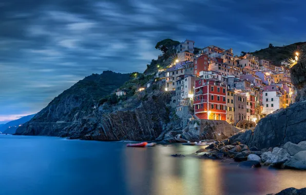 Picture sea, the city, rocks, home, the evening, lighting, Italy, Italy, Riomaggiore, Riomaggiore, Cinque Terre, Cinque …