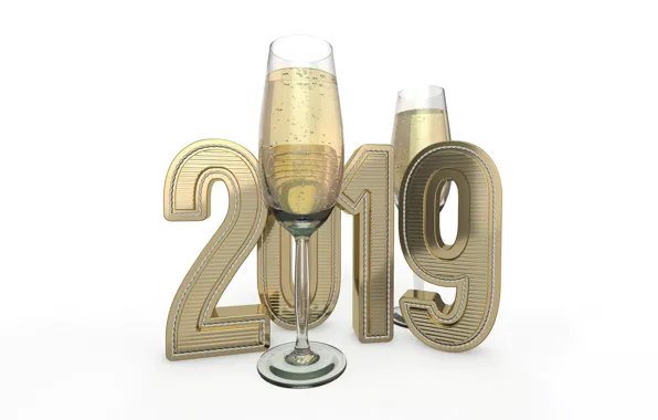 Picture bubbles, holiday, glasses, Christmas, white background, New year, champagne, 3D Graphics, 2019