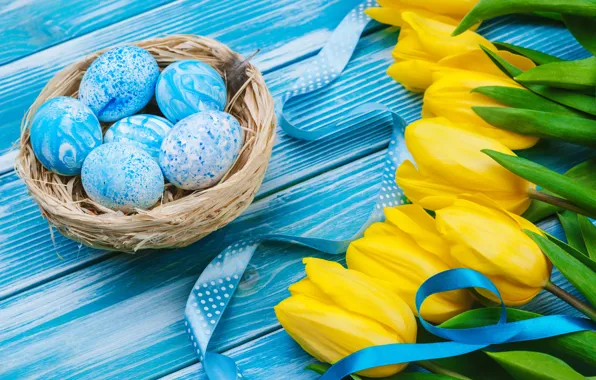 Picture flowers, eggs, bouquet, yellow, colorful, Easter, tulips, happy, yellow, wood, flowers, tulips, Easter, eggs, decoration