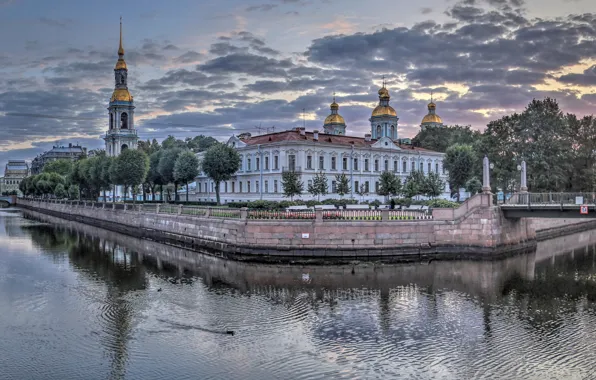Picture dawn, building, morning, Saint Petersburg, panorama, temple, Russia, bridges, channels, The Canal, Kryukov canal, Nikolsky …
