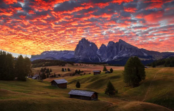 Picture landscape, sunset, mountains, nature, home, village, Alps, Italy, meadows, The Dolomites, Sergey Zalivin