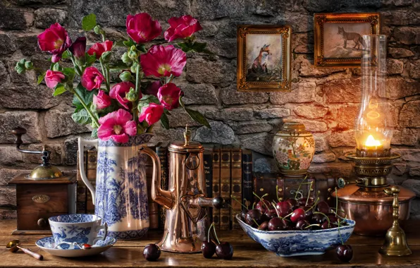 Picture flowers, style, berries, wall, books, lamp, Fox, mug, Cup, pictures, pitcher, still life, cherry, coffee …