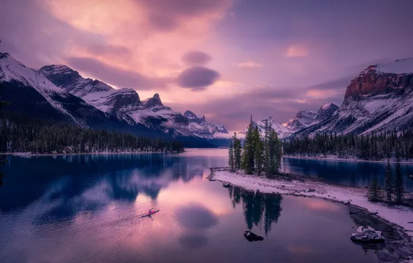 Wallpaper trees, mountains, lake, island, Canada, Albert, Alberta ...