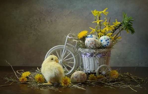 Picture flowers, bike, holiday, eggs, Easter, hay, dandelions, chicken, composition, pots, Kovaleva Svetlana