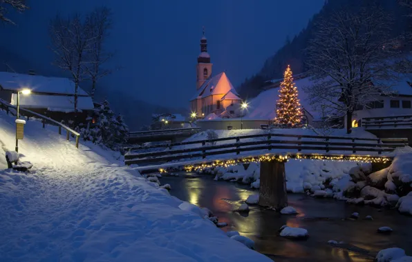 Picture winter, snow, landscape, night, bridge, nature, river, Christmas, Austria, lighting, lights, Church, tree, Ramsau, Ramsau, …