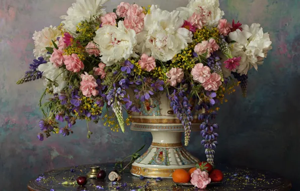 Picture flowers, style, bouquet, vase, still life, peonies, lupins, Andrey Morozov