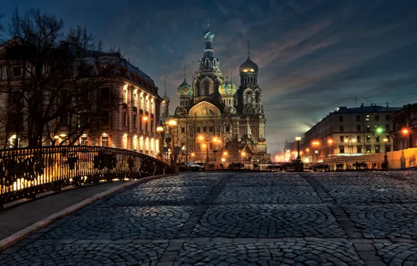 Picture bridge, building, home, Saint Petersburg, Cathedral, temple, Russia, night city, bridge, Church of the Savior …