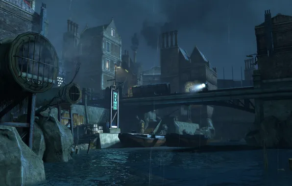 Picture bridge, city, the city, river, street, the game, Dishonored, Danuoll, Dunwall, Dishonored