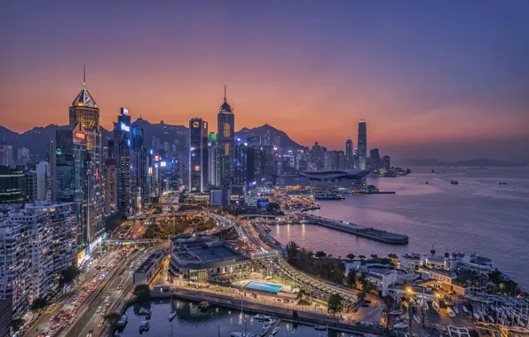Picture sunset, building, home, Hong Kong, Bay, night city, skyscrapers, Hong Kong, Hong Kong Island, Causeway …