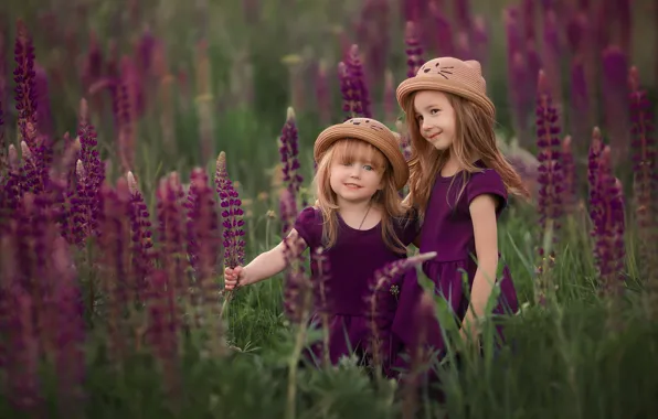 Picture flowers, children, mood, girls, meadow, hats, lupins, two girls
