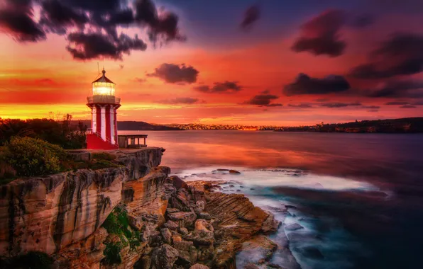 Picture sea, sunset, rock, lighthouse, Australia, Australia, New South Wales, New South Wales, Hornby Lighthouse, Watsons …