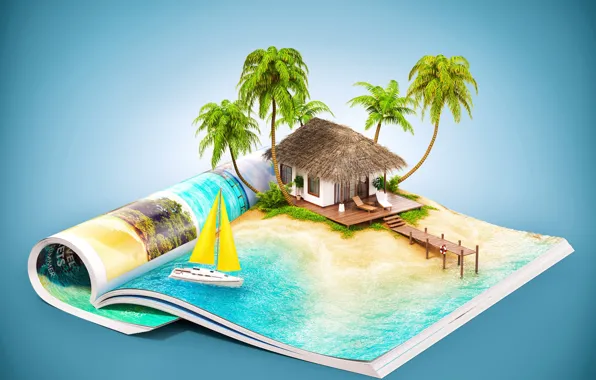 Picture sea, the sun, house, tropics, palm trees, creative, background, island, yacht, pier, pierce, notebook, resort, …