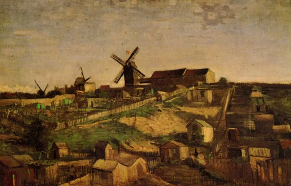 Picture mill, village, Vincent van Gogh, View of Montmartre, with Windmills