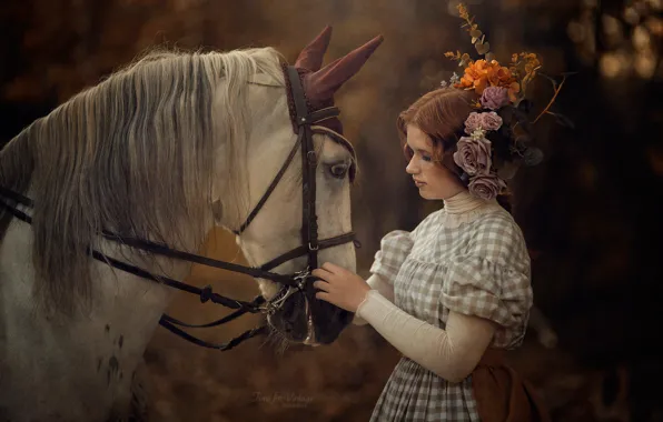 Picture face, girl, flowers, pose, mood, horse, horse, dress, red, redhead, Violeta