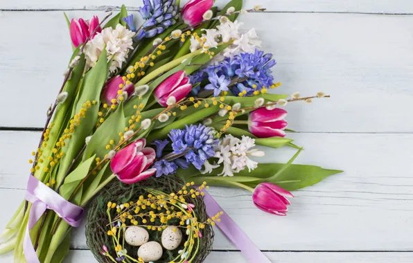 Picture flowers, bouquet, Easter, tulips, pink, flowers, tulips, purple, eggs, easter, hyacinths, hyacinth