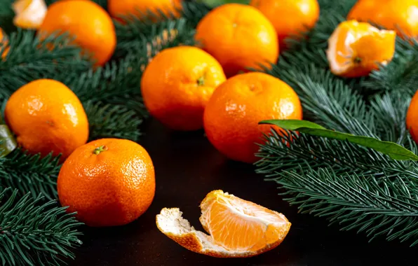 Picture Christmas, New year, tangerines, spruce branches