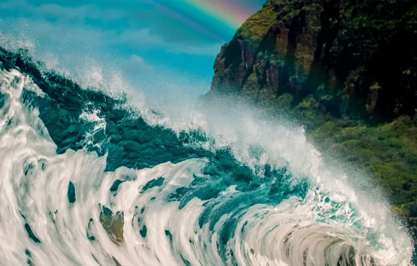 Picture sea, mountains, nature, the ocean, wave, rainbow, Hawaii