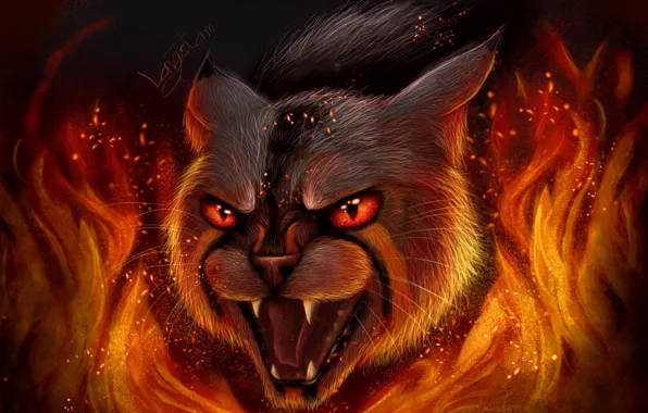Picture fear, fire, wool, sparks, mouth, fangs, grin, horror, werewolf, red eyes, wild cat, flames, evil …