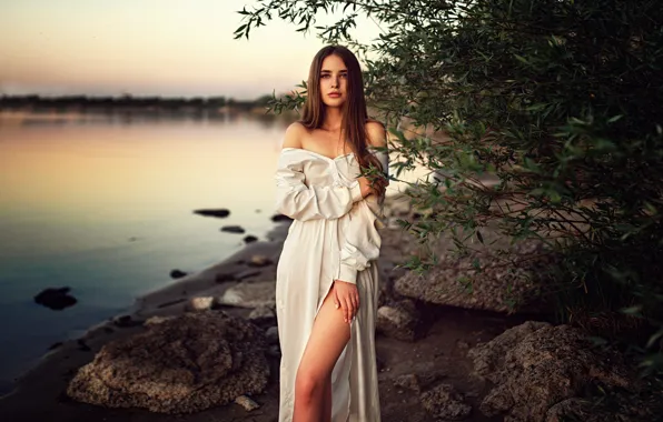 Picture look, trees, sunset, nature, pose, river, stones, model, portrait, the evening, makeup, dress, hairstyle, brown …