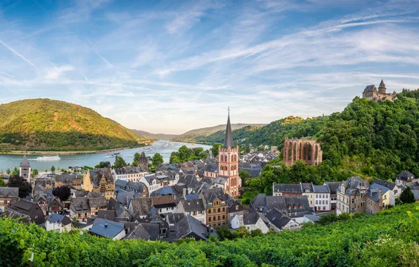 Picture greens, the sky, the sun, clouds, trees, landscape, mountains, river, home, ships, Germany, panorama, Bacharach