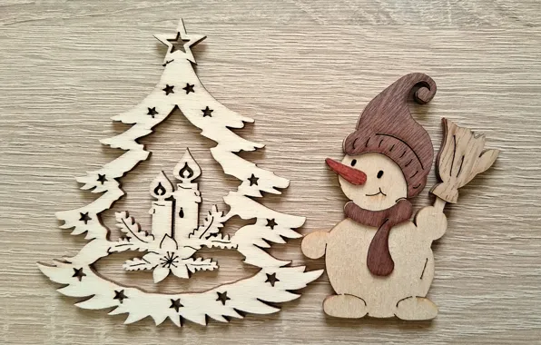Picture Christmas, New year, snowman, herringbone, wooden toys