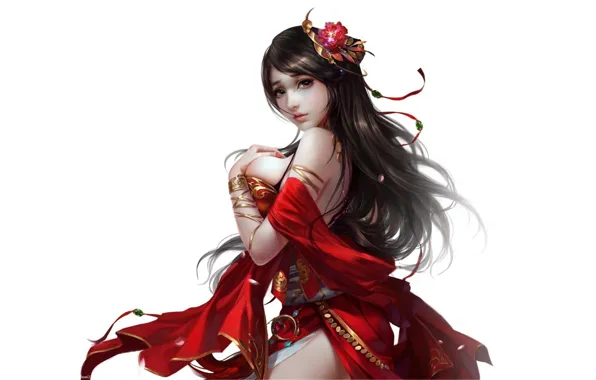Picture beauty, a sad look, white background, Chinese, kimono, beautiful girl, beauty, charm, beautiful girl, fantasy …