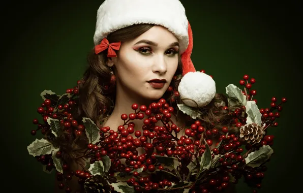 Picture look, girl, face, berries, background, makeup, Christmas, cap, Holly