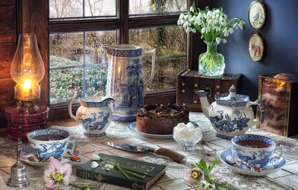 Picture flowers, style, lamp, kettle, window, snowdrops, Cup, cake, book, mugs, pitcher, still life, set, chest