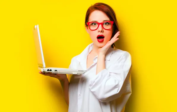 Picture Girl, Look, Glasses, Laptop, Red, Shirt, Beautiful, Surprise, Young, Yellow background
