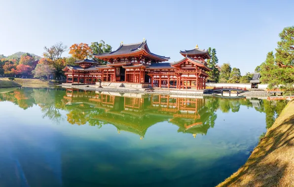 Picture trees, pond, Park, reflection, Japan, panorama, temple, Japan, Uji, Uji, The byodo-in temple, Byodo-in Temple, …