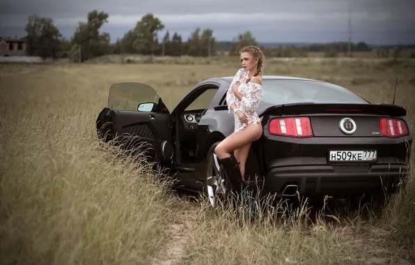 Picture car, Ford, Shelby, girl, Ford Mustang, long hair, dress, legs, field, photo, photographer, model, lips, …
