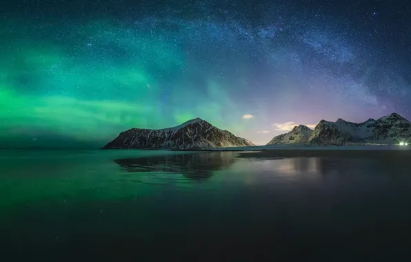 Picture stars, mountains, night, reflection, Northern lights, the milky way, Iceland, pond