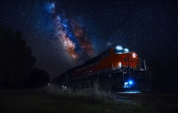 Picture the sky, stars, light, night, lights, train, the milky way