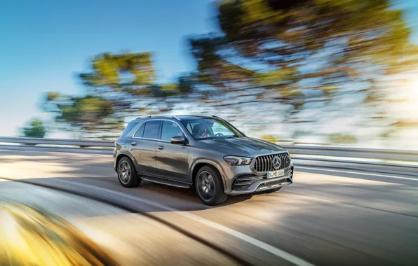 Picture machine, trees, movement, Mercedes-Benz, speed, turn, crossover, Mercedes-AMG, GLE 53, 4Matic+