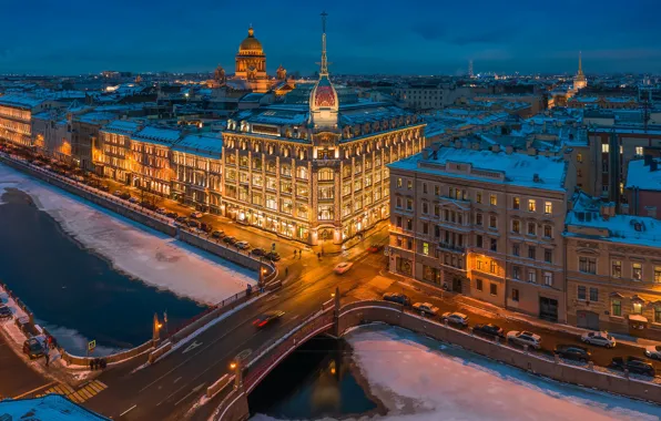 Picture winter, bridge, river, building, home, Saint Petersburg, Russia, night city, Moyka River, Станислав Забурдаев, Красный …