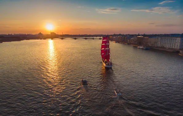 Picture sunset, bridge, river, sailboat, boats, Saint Petersburg, Russia, Scarlet sails, The Neva River, Yuri Stolypin, …