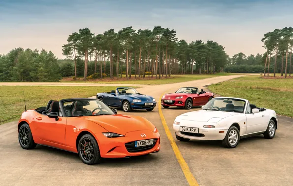 Picture Mazda, MX-5, on the road, roadsters, four generations (NA-NB-NC-ND)