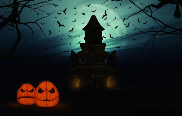 Picture Night, The moon, House, Pumpkin, Halloween, Halloween, The full moon, Bats
