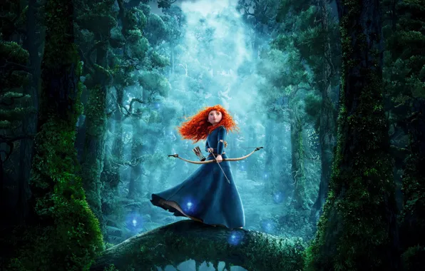 Picture fog, moss, bow, Archer, red, arrows, Princess, fairy forest, princess, blue dress, Brave heart, Brave, …