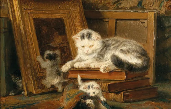 Picture cat, oil, kittens, Henriëtte Ronner-Knip, «Hide and seek»