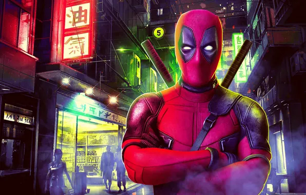 Picture night, the city, lights, fiction, street, home, mask, art, costume, characters, signs, swords, poster, Deadpool, …