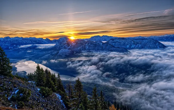 Picture clouds, trees, mountains, lake, sunrise, dawn, morning, Austria, Alps, Austria, Alps, Styria, Styria, Grundlsee, Lake …